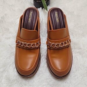 Franco Sarto Brown Loafers with Gold Chain Accent